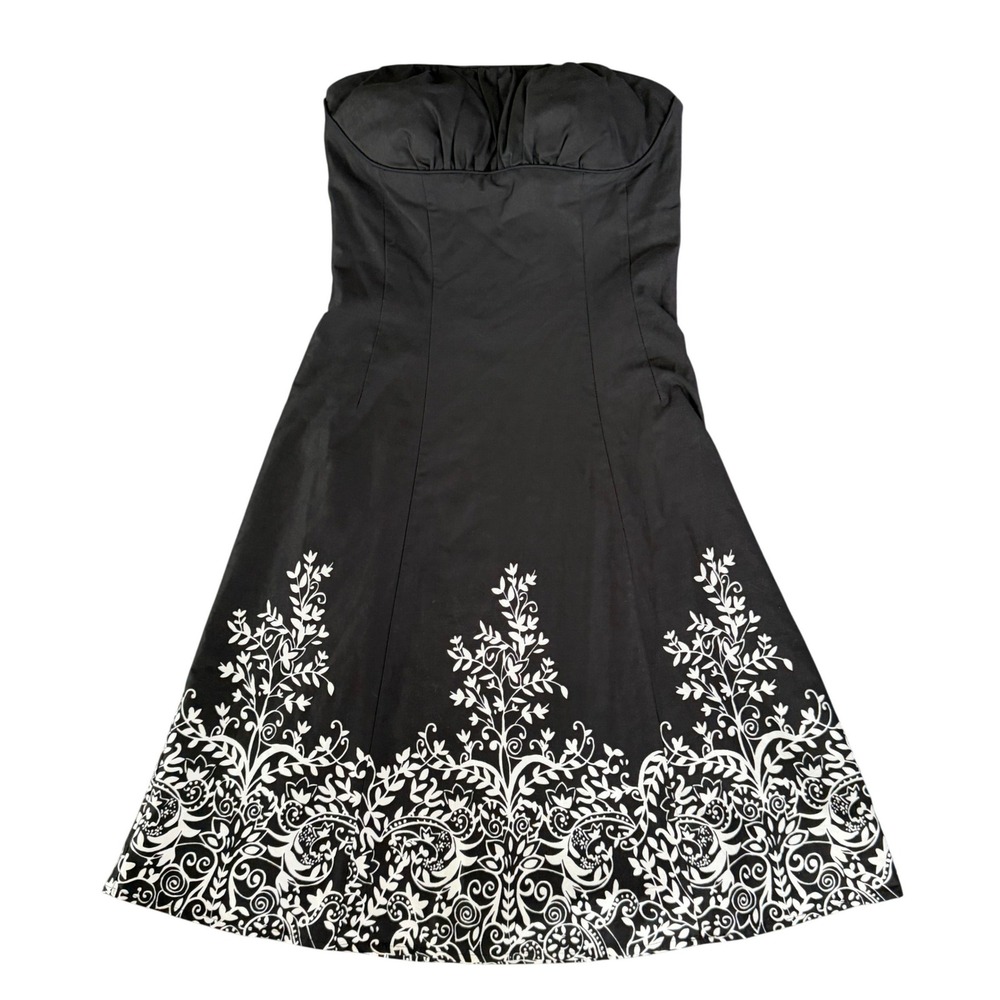 White House Black Market Black Floral Strapless Fit Flare Dress Size 0 Elegant